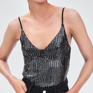 Zara black sequin spaghetti strap crop top